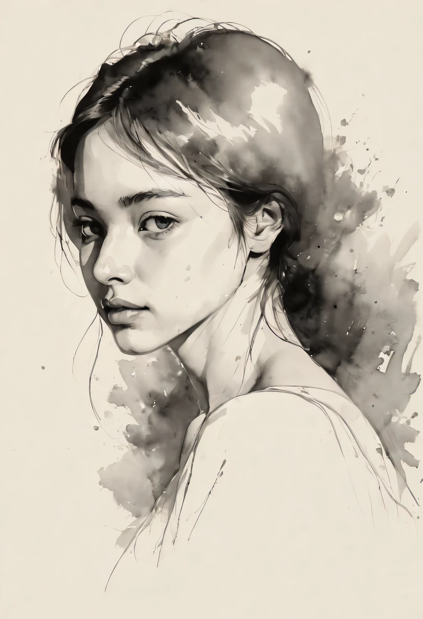 (best quality, high resolution, masterpiece:1.2), Super detailed, actual:1.37, black ink sketch, smooth lines, Expressive facial expressions and gestures, simple background, Emphasis on light, shadow and spatial perception, Abundant negative space, young girl.