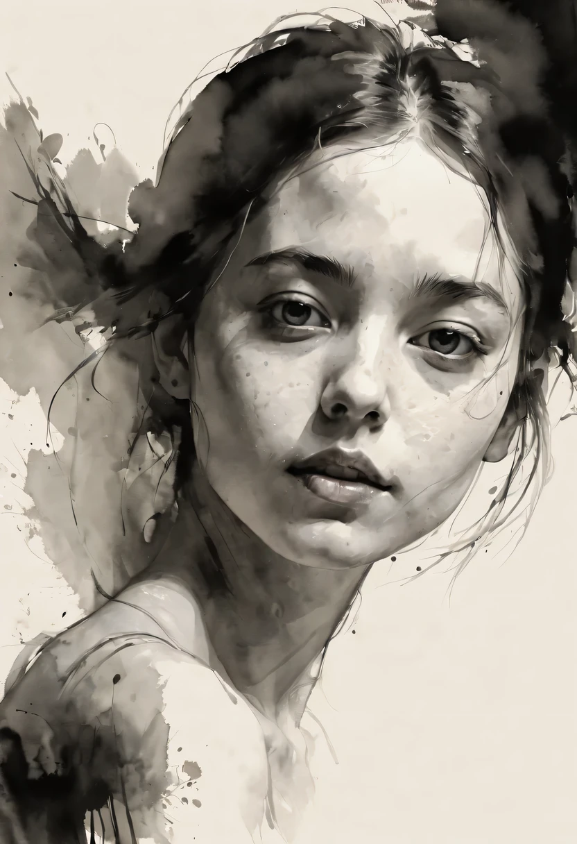 (best quality, high resolution, masterpiece:1.2), Super detailed, actual:1.37, black ink sketch, smooth lines, Expressive facial expressions and gestures, simple background, Emphasis on light, shadow and spatial perception, Abundant negative space, young girl.