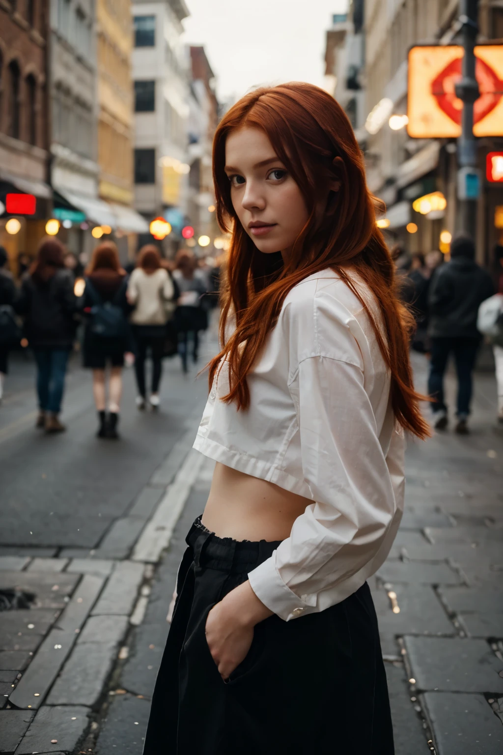 A young  red hair woman standing on the street, blur background, beatiful, photorealistic