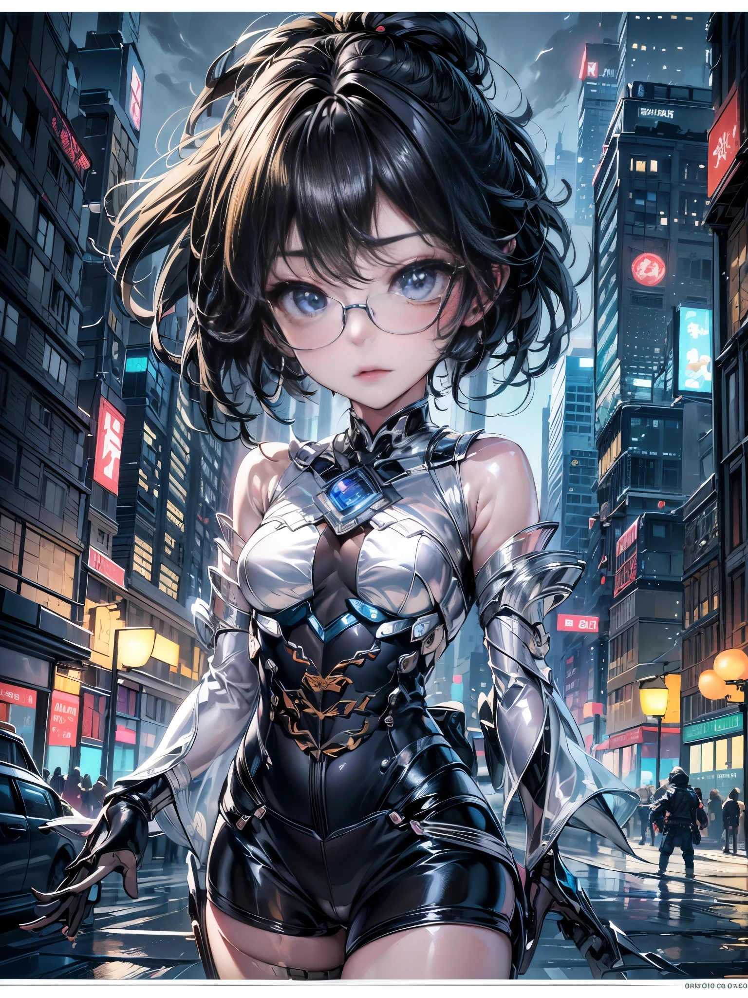 cinematic lighting,super dense skin、Beautiful quality with attention to detail,perfect anatomy,(replace、dim color, pleasant tone:1.3)（midjourney anime style）,(Detailed beautiful facial features、black short hair、Glasses、blue eyes:1.3)体がメカニックデザインGlasses娘、 sly way of laughing（Girl with a weapon、small breasts、highly detailed hands:1.2）Big city buildings at night、building roof、Skyscraper、Equip your weapons（Highly detailed feet:1.3）、dynamism（the night deepens、shining moon、beautiful night:1.5）Glasses娘、whole body