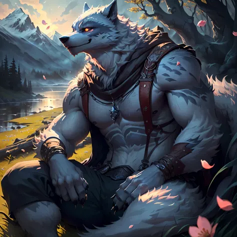 (detailed and realistic werewolf),(HD),(wallpaper phone),(sitting),(mountains with abundant grass),(sakura petals falling),(peac...