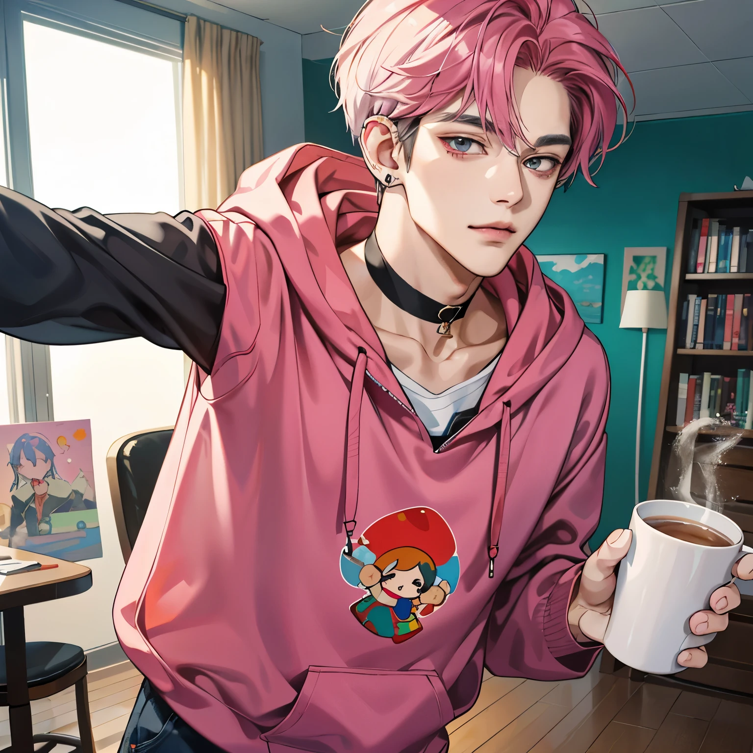 Anime guy with pink hair holding a cup of coffee - SeaArt AI