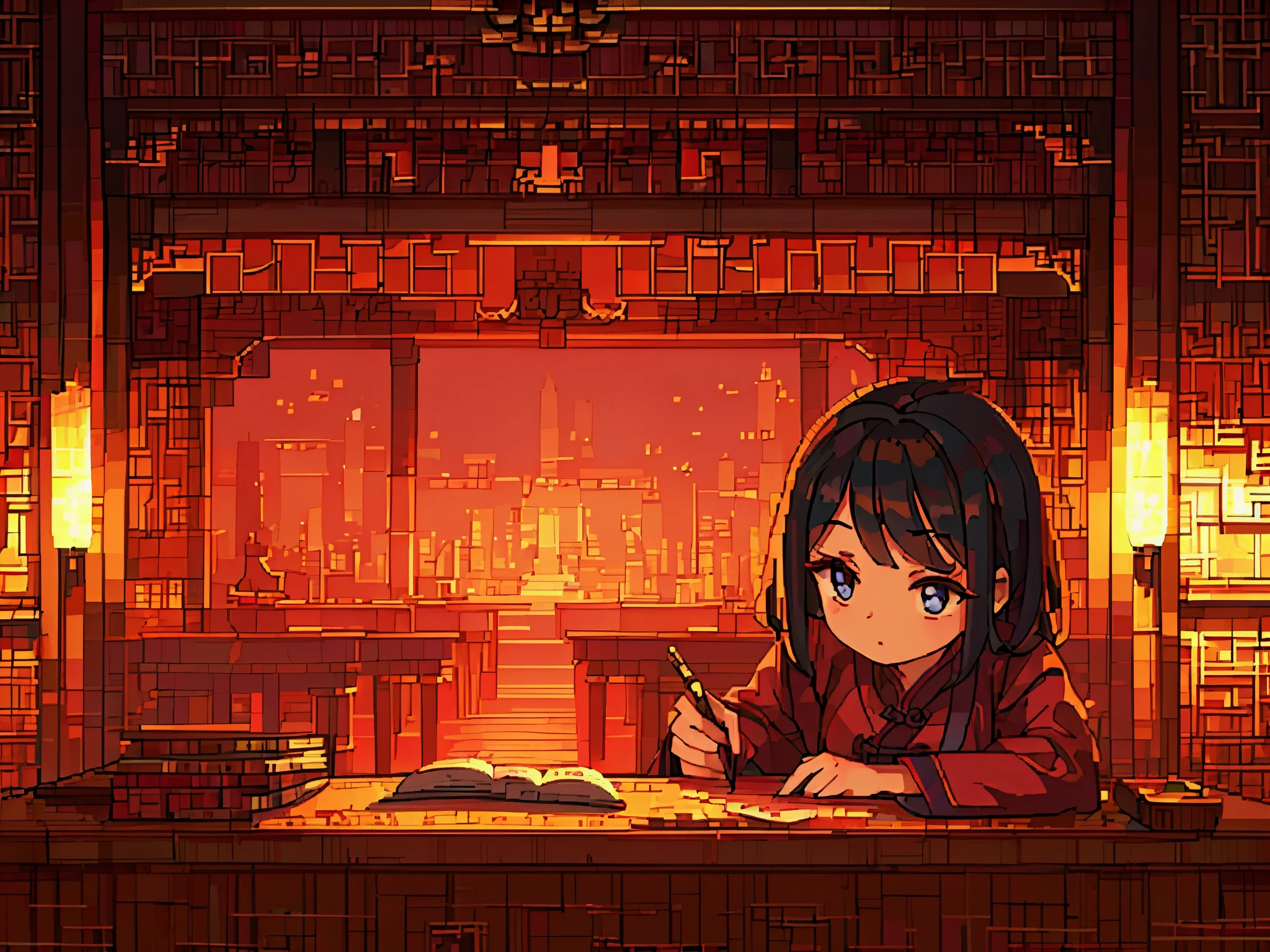 Photo of beautiful girl in traditional chinese dress looking at ancient chinese books under lamp on low table in old walled garden at peaceful night,((Her right hand is holding a pen.、The left hand rests on the table)),((masterpiece)),realistic,4K,very detailed,((beautiful big eyes))