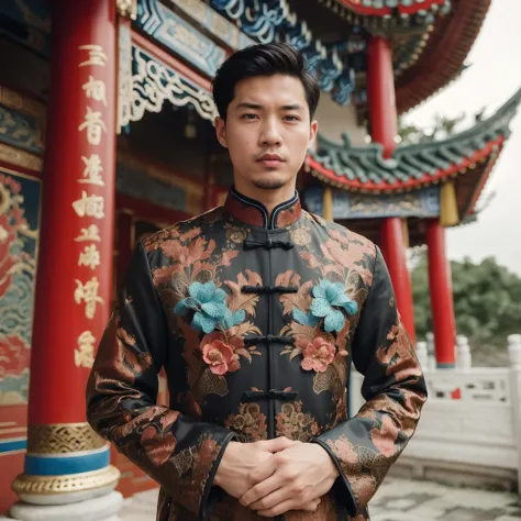 arafed asian man in a traditional chinese outfit standing in front of a building, wearing ornate silk clothes, traditional chine...