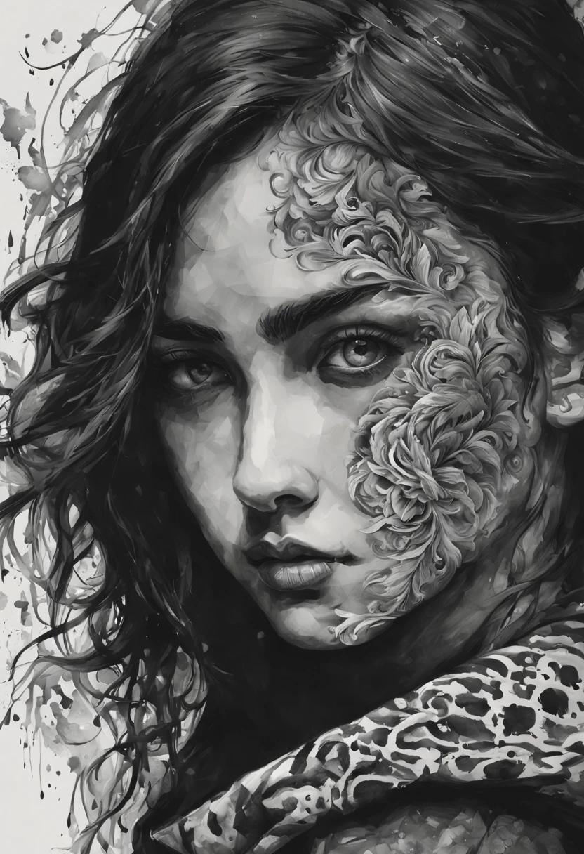 1girl, A girl in black and white ink drawing with hyperrealistic details and intricate patterns, captured in a mid-shot, showcasing dramatic expression and a 2/3 face angle. The artwork is characterized by bold and expressive brushstrokes that create a splash art effect. The image is of the highest quality, with a resolution of 4k or 8k, showcasing ultra-detailed features. It has a hyperrealistic, almost photographic quality. The art style is reminiscent of concept art, with a focus on capturing the essence of the subject. The contrast between black and white reflects a stark and impactful visual representation. The lighting is carefully crafted to enhance the intricacies and dynamic nature of the artwork.