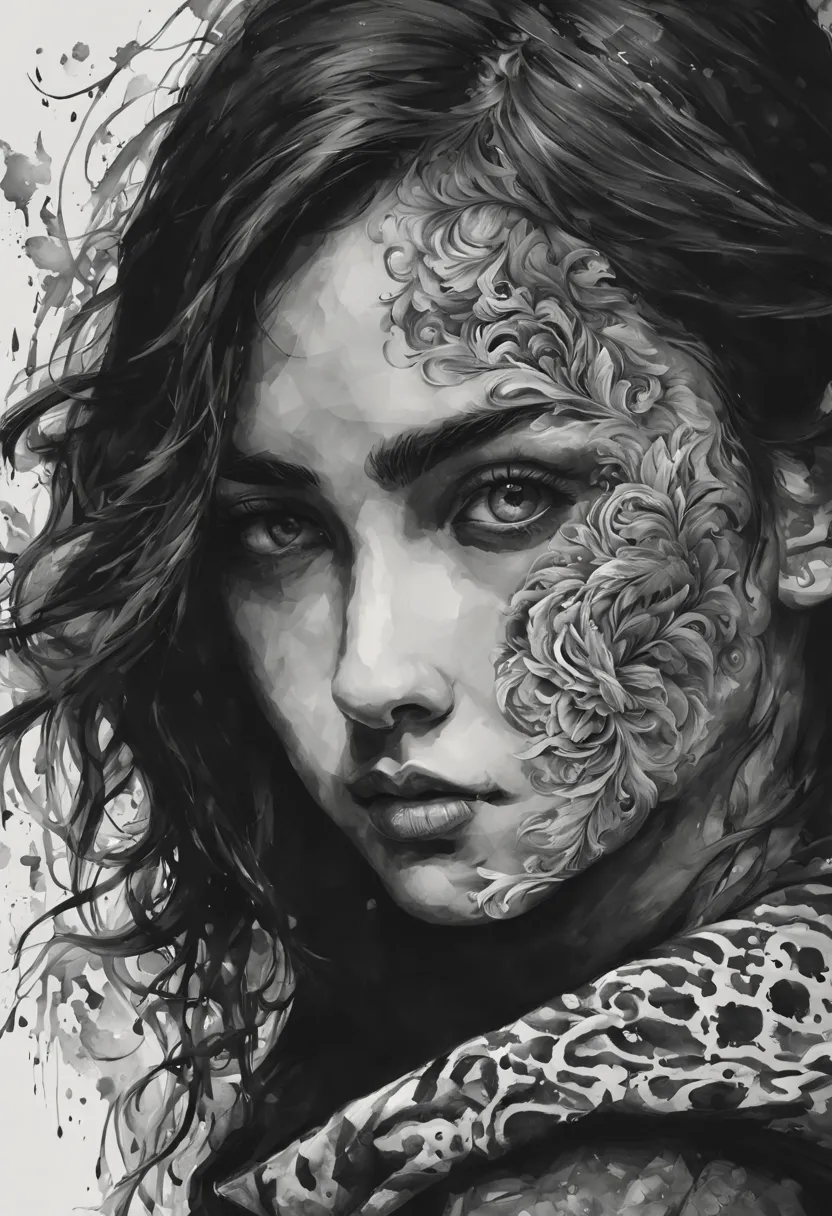 1girl, A girl in black and white ink drawing with hyperrealistic details and intricate patterns, captured in a mid-shot, showcas...