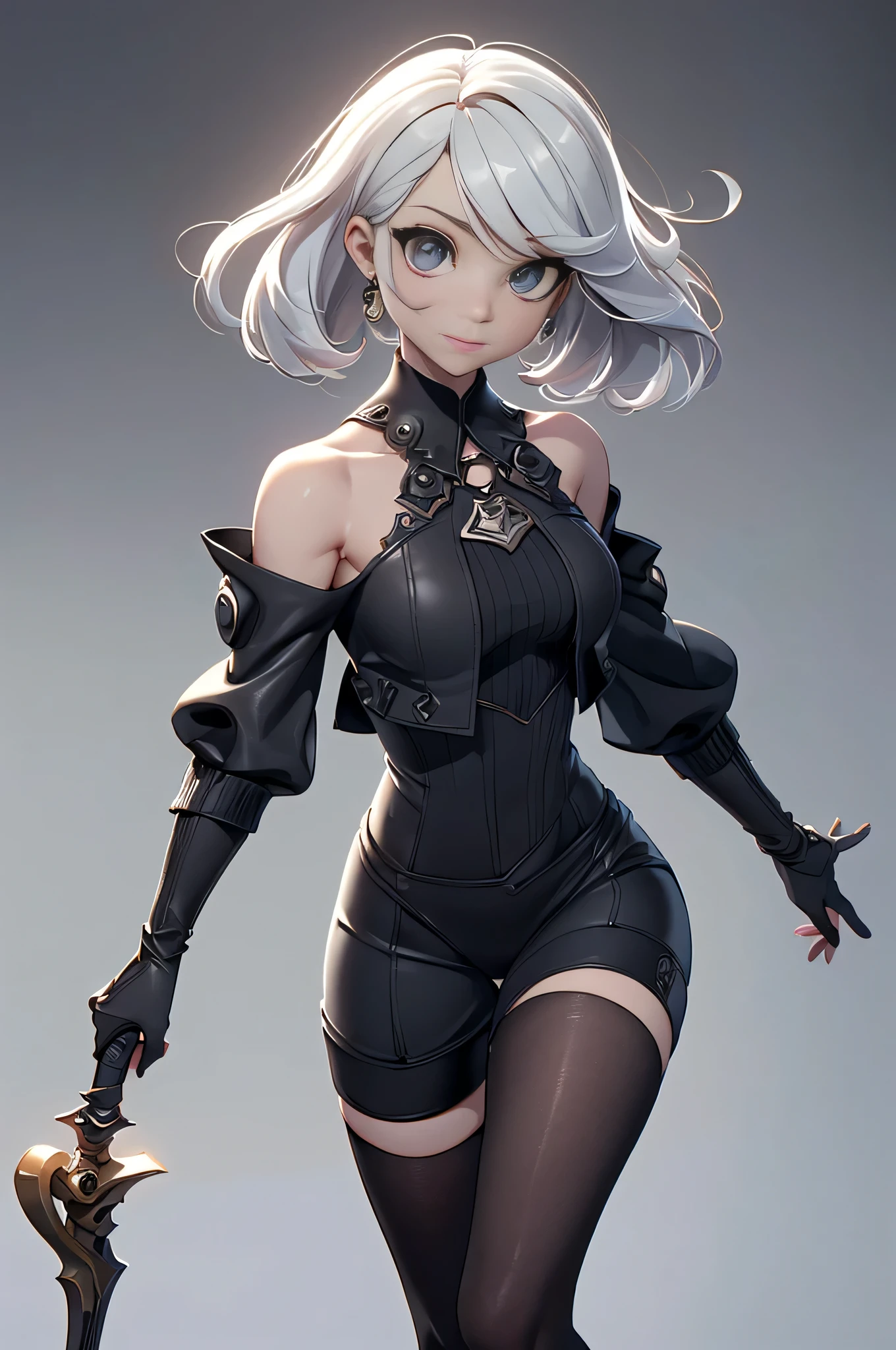 Mini Nier-Automata, (Nier-Automata), 独奏, ray tracing, 3D style, 3DMM, ((oses per photo)), ((oses au cada foto)), fully body,(Front view),(Costas Issue), (Emist on the left), show flat belly, (((oses per photo))),(very big breastsperfect ass, perfect and symmetrical eyes, (perfect handuturistic sword in hand)), ((short hair)),((Open wizard clothes)),white clothing with textured edges, skin fair, luauas detalhadas, White thigh-high tights with trim, auestido aberto au "au", Waist slender, big legs, low water, Show legs to the top of the waist, (broken fabric falling over the legs),((open top)),ultra realistic skin, realistic human eyes,ultra realistic skin,((striped shirt)),super sensual suit,(faixas au torno dos seios), colorfully,top with ruffles,(pubis with a lot of volume),(extrauamente sensual),(very sensual),(((Bblack hair))),(((bodysuite branco))),((white and black and gray thaue)),(ligth thaue),(show legs and hips),(clothes tearing),(showing legs and feet),((virilha bau marcada)),((with darkness style mascara covering the mouth and nose)),((dark mascara covering the face)),((mask covering the mouth)),(((Bblack hair))),(((parte au armadura com leds brilhantes)))