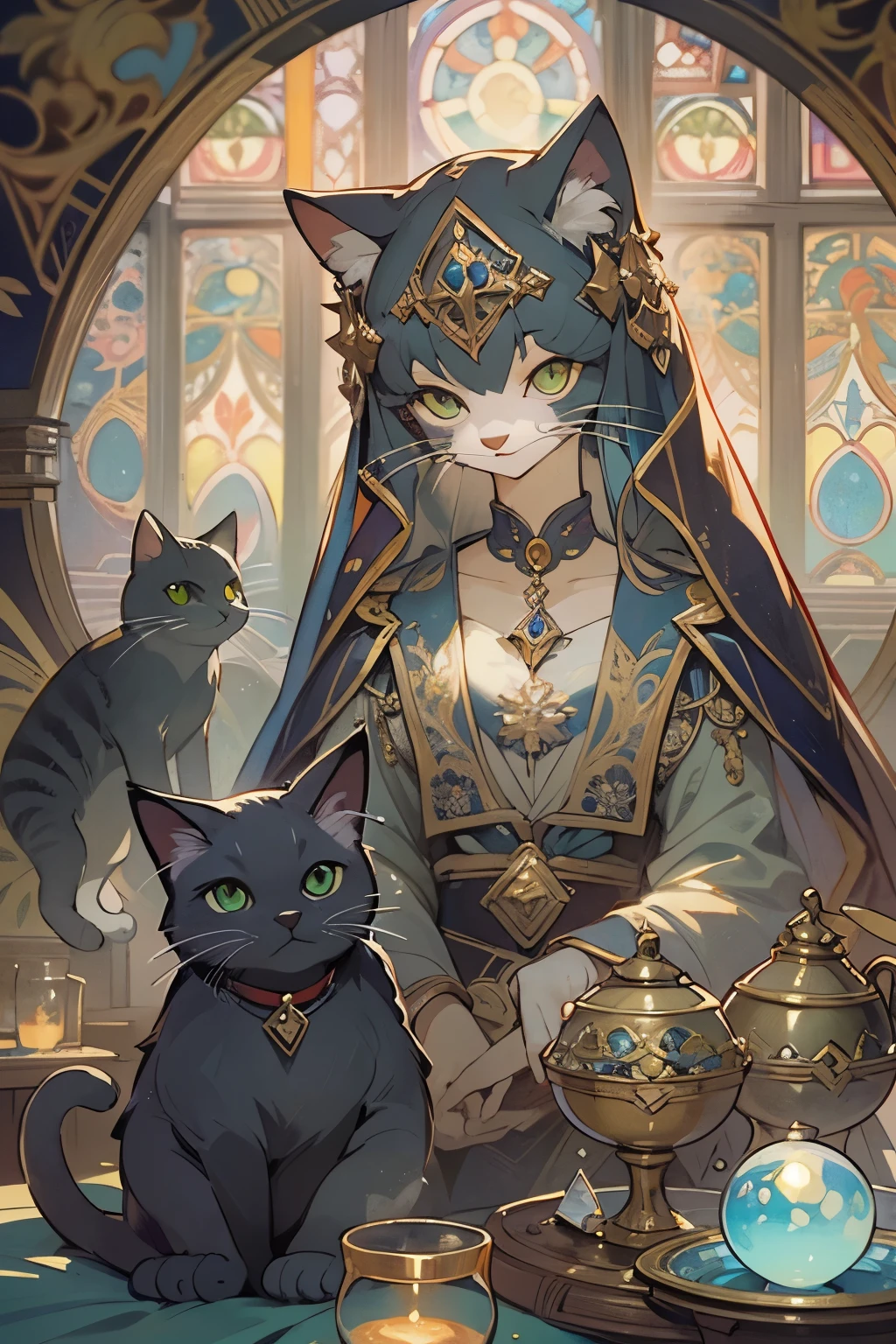 (masterpiece, highest quality, highest quality, official art, beautiful and aesthetic:1.2), (1 cat:1.3),  very detailed, portrait, Fortunetellerの姿の毛長の猫, alone, (whole body:0.6), looking at the viewer、detailed background, close, shining eyes,Fortuneteller, Mysterious, sitting at the table, colorful shoulderless loose gypsy、holy grail, crystal ball, Mediovale (inner tent:1.1) background, tent curtains in background, dark Mysterious lighting, Shadow, magical atmosphere, starry night,, Dutch angle horoscope、Mysterious, Alphonse Mucha's&#39;s Art Nouveau line, Art Nouveau line,　awesome full color,　watercolor painting　