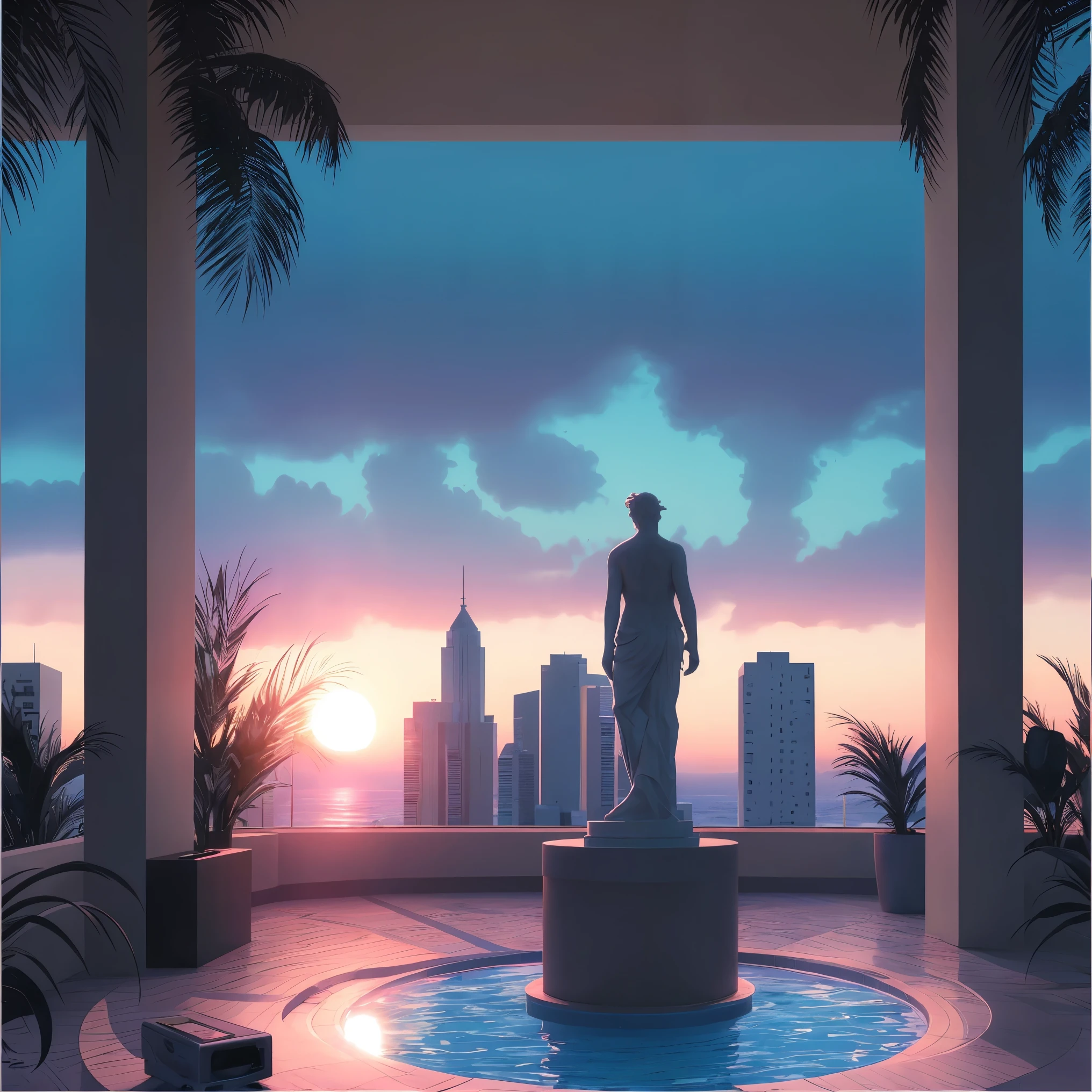 ((realistic)), VaporWaveV1, ((scanlines)), (old television), ((static)), ((pixel graphics)), computer-generated landscape, ((cga)), ((ega)), (vga), ((8 0 s)), computer, ocean, sky, loft apartment, statue, ((sunset)), clock, ((neat lines)), pool, plant, high detail, skyline in background, panoramic, Agnes Cecile, colorful, Carne Griffiths, hyper dramatic,