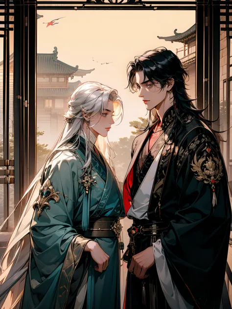 masterpiece, 2 men in chinese clothes,hanfu, long black hair, long white hair