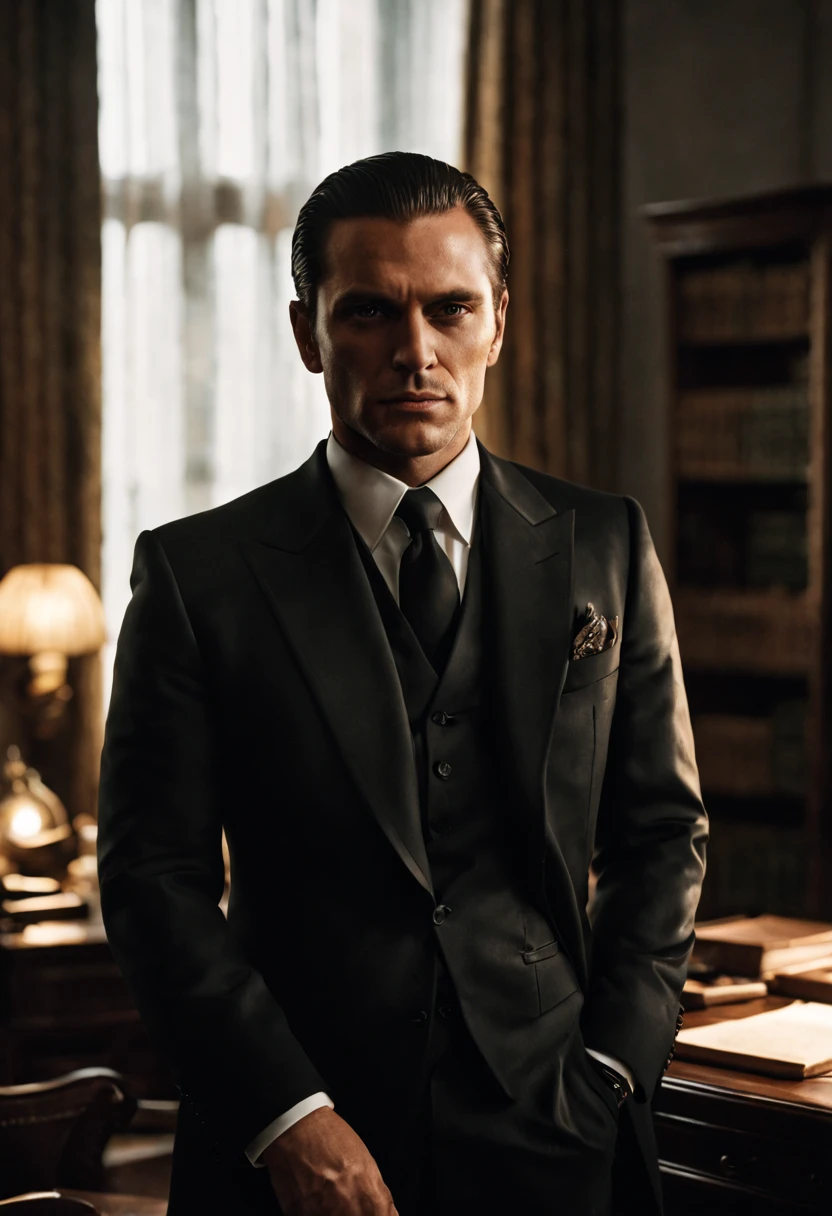 (1man), solo, beautiful detailed eyes, {{{masterpiece}}}, {{{best quality}}}, {{ultra-detailed}}, {illustration}, cinematic angle, {beautiful detailed eyes}, {detailed light},cinematic lighting, A charismatic and elegant mafia boss dressed in a tailored black suit, standing confidently with a slight smirk on his face, his slicked-back hair reflecting the ambient light, his piercing eyes revealing both power and mystery. The boss is surrounded by a dimly lit room with luxurious furnishings, including a mahogany desk, leather chairs, and shelves filled with antique books. Sunlight streams through the half-closed curtains, casting a subtle glow on the room, while a vintage chandelier illuminates the space with a warm, golden light. The atmosphere exudes sophistication and danger, creating an aura of respect and fear. Photography, using a high-resolution full-frame camera with a prime lens (50mm), capturing the boss in sharp focus and emphasizing the details of his appearance and the room's opulence
