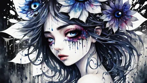 Watercolor Paint, Dangerous girl&#39;Center position of upper body&#39;head of, evil eye flower, with the darkest splash, Focusing on dark fantasy fractal flowers, high quality, Drooping rain,the background is white、hair is combed、