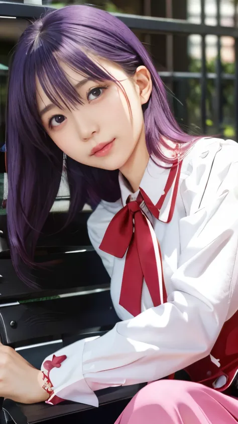 anime girl with purple hair and a pink dress sitting on a bench, misato katsuragi, rei hiroe, close up iwakura lain, iwakura lai...