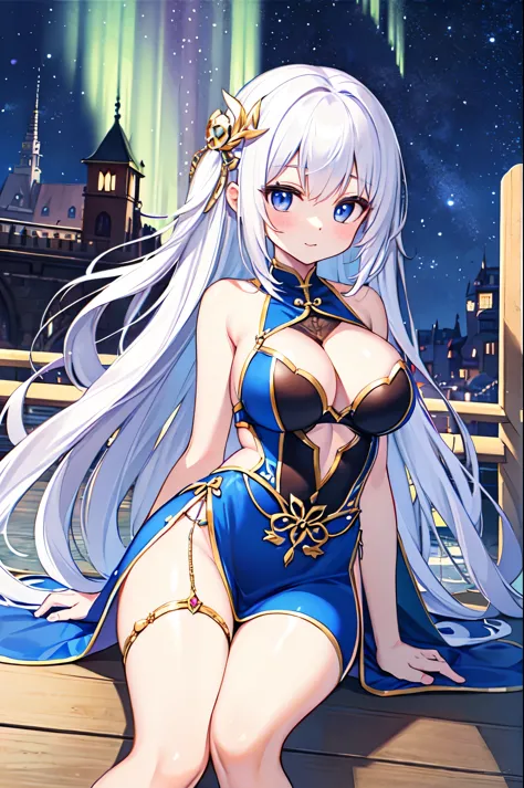 （masterpiece）、(highest quality)、((Super detailed))、(super delicate)、naughty chinese princess、Pastel colors hair、beautiful breasts、gorgeous castle、Fantastic starry sky、aurora
