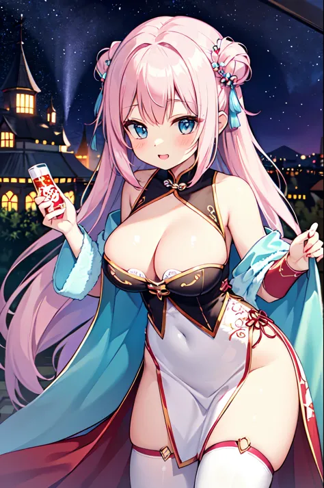 （masterpiece）、(highest quality)、((Super detailed))、(super delicate)、naughty chinese princess、Pastel colors hair、beautiful breasts、gorgeous castle、Fantastic starry sky、aurora