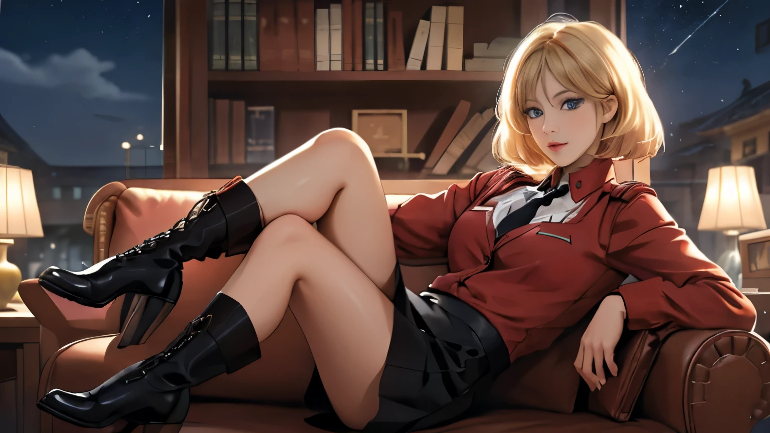 （full-body shot），Sitting on the sofa，Lift your feet，Focus on thighs and feet、A smile、sit on the chair、legs crossed、knees up,（Brown long high heel riding boots）black，short skirt， blonde short hair ,Blue eyes,lipstick, long hair, 1 girl, 20 years,young women,beautiful Finger,beautiful long legs,beautiful body,beautiful Nose,beautiful character design, perfect eyes, perfect face,expressive eyes, looking at the audience, in the center of the image,(Light_Smile:0.5), official art,Extremely detailed CG unified 8k wallpaper, perfect Lighting,rich and Farbeful,灯Light,Light skin, (masterpiece:1.0),(the best_quality:1.0), 超high resolution,4K,super detailed, photography, 8k, human development report, high resolution, ridiculous:1.2,, film grain, blurred background, bokeh:1.2, Lens Light Halo, (Energetic_Farbe:1.2) (beautiful,Big deal_:1.0),(narrow_waist)Full body sitting, wear, elite, velvet, deep Purple, small tie. he himself, boss, momentum, Full HD, ......International Organization for Standardization, Law office with modern design furniture, Includes red armchair upholstered in black and grey leather, Tempe red glass coffee table with chrome base, Solid wood conference table with black leather chair, There is lomo a built-in bookcase，Inside there are law books bound in brown leather. ?" 其 11 叶片圆形Light圈和 XA 镜头元件一起提供了漂亮的bokeh效果. lomo, The lens is equipped with a Light ring，You can switch between no-click and no-click actions, a dust and moisture resistant design, and four XD linear autofocus motors，Provides fast and accurate autofocus and tracking. This lens provides Sony photographers with an excellent portrait tool, night view, and general photography."