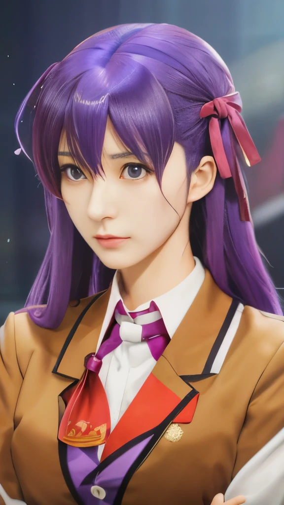anime girl with purple hair and a brown jacket and red tie, misato katsuragi, anime style like fate/stay night, iwakura lain, anime girl named lucy, anime moe artstyle, rei hiroe, reisen udongein inaba, close up iwakura lain, as an anime character, she has purple hair