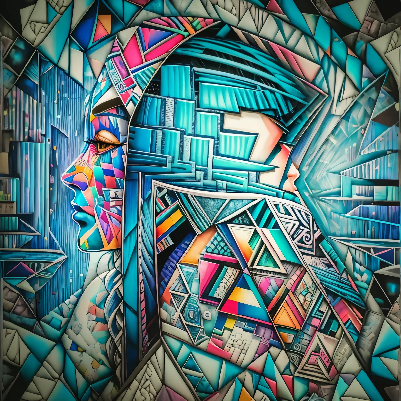 Side view, Eduardo Kobra quilting, multidimensional geometric wall potrait, chibi, arte, beautiful, colouring, primary works, quality superior, high quality, aesthetic, perfect