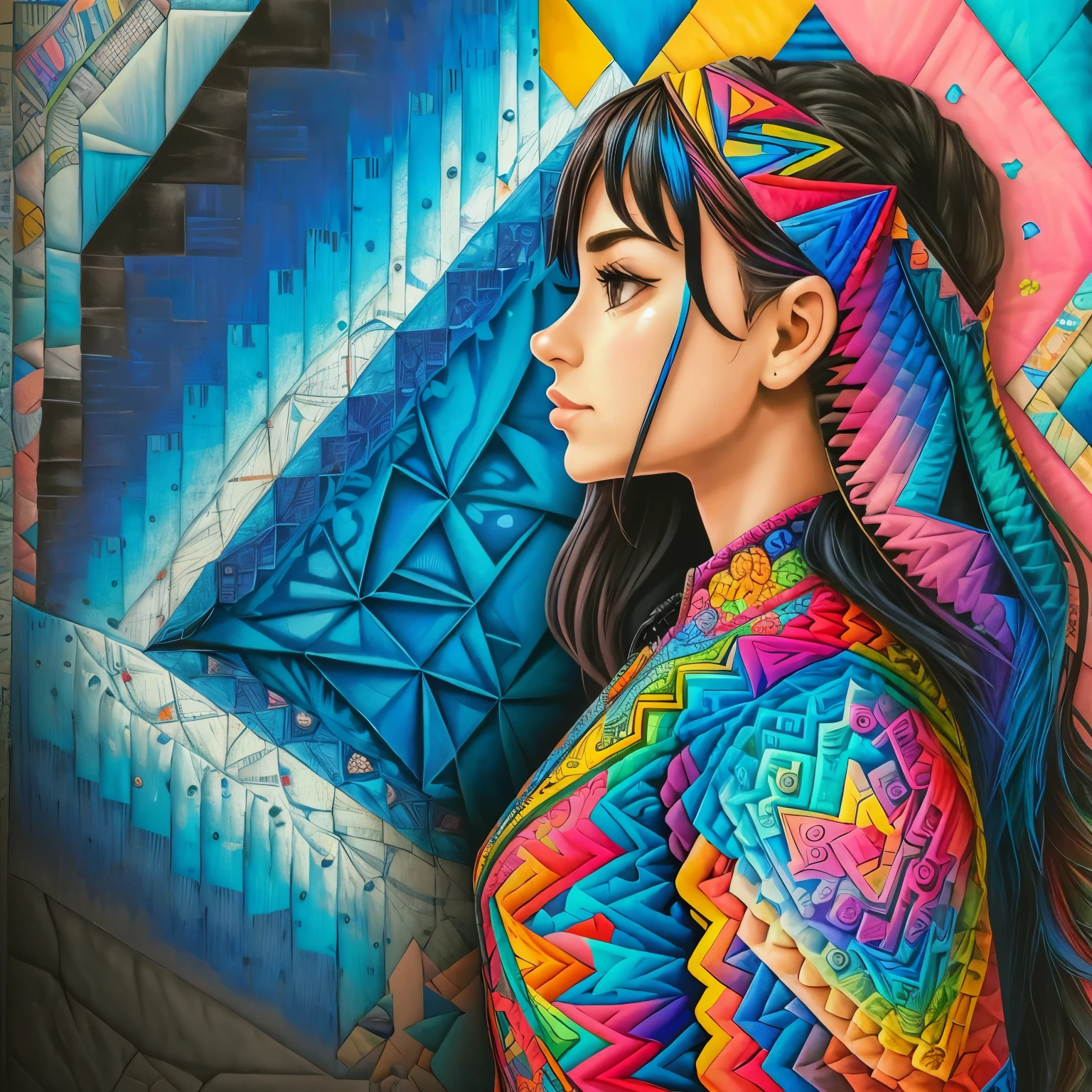 Side view, Eduardo Kobra quilting, multidimensional geometric wall potrait, chibi, arte, beautiful, colouring, primary works, quality superior, high quality, aesthetic, perfect