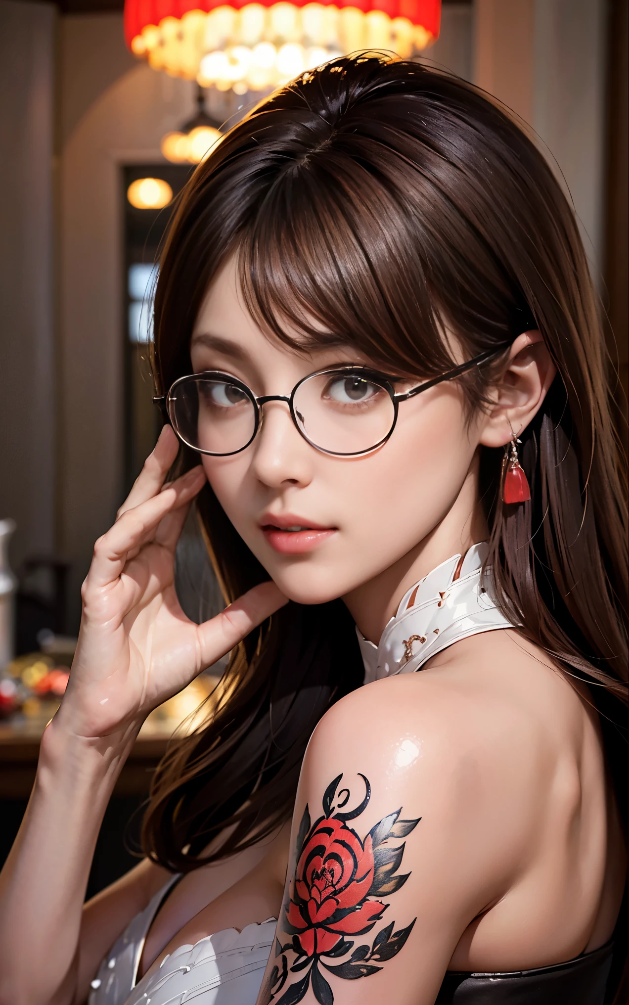 Are you okayですか、(best illustrations)、8k UHD resolution、intricate details、highest quality、realistic、Super detailed、best lighting、best shadows、soft lighting、Ultra HD、超realistic、Tyndall effect、Photoreal、(high detail skin:1.2)、 (intricate details, compensate, face to face with the children_v1:0.5), (Fine, beautiful and delicate face, Are you okay, beautiful and delicate eyes, perfectly proportioned face, high resolution skin, fine skin, Optimal ratio of 4 fingers and 1 thumb, arm under chest, red tattoo on lower abdomen、wow wow, wide hips, smooth abdomen, thin and thin skin, __fashion__, __hair__:1.25)、Digital single-lens reflex camera、 absurd、(table top: 1.3), (maximum resolution: 1.2), (Ultra HDTV: 1.2), cinematic light, fine eyes and skin, detailed facial features, , (sharp focus: 1.2）, (focus on face:1.2),perfect style, beautiful face, acura, anatomically correct, Highly detailed face and skin texture, fine eyes, double eyelid, thin eyebrows, glitter eyeliner: 1 natural cheeks, Glossy skin, Fair skin: 1.2, (glossy lips: 1.4),(embarrassed look: 1.2),Highly detailed face and skin texture, fine eyes, double eyelid, natural cheeks,  glossy lips: 1.4,exposed cleavage、Bewitching。attractive、 Beautiful devil woman from hell, Surreal female portraits by David Hockney and Alphonse Mucha, attractive女性の肖像画、fantasy art, chinese doll、Chinese actress、dungeon、dragon、devil&#39;s palace、devil&#39;s torture chamber、night、dark style 、in the dark、(detailed spooky background:0.8), magic、 1 girl、evil nun、dark necromancer、Succubus、devil&#39;s daughter、Shinonome Umi、bat wings，(((devil&#39;s horns)))、 ((((giant glasses, otaku glasses, thick glasses, round glasses)))),(((big breasts)))、(devil&#39;s tail)、(red eyesは光り輝いて:1.6)、red eyesは非常に鮮明で詳細です, The eyes are made up very beautifully, ((red eyes:1.0)),intricate tattoo, demonic intricate tattoo, Tattoo on the thigh, body tattoo, masterpiece、最もbeautiful face、baby face、cute smile、beautiful plump red lips、筋肉のattractive体、悪魔のattractive体、devil style、attractiveブラックマジックコスチューム、The long-haired、Braid、Black hair、Ponytail distortion、, Ponytail with a bow tied at the back of the hair, beautiful expression、body up、big breasts強調、bust,  super tight chest, Breast augmentation surgery, The chest is very large and round,tight waist、wide ass、 discreet key, cowboy lens, (Black Phoenix Dress: 1.0),  devil crown,  red sparkling gemstone necklace、Jewelry G Wise,  Please wear black mesh socks,Wear light red、nffsw, nffsw, meet beautiful girls, look at the girl&#39;s body, (upper body portrait), Protagonist Close-up, 