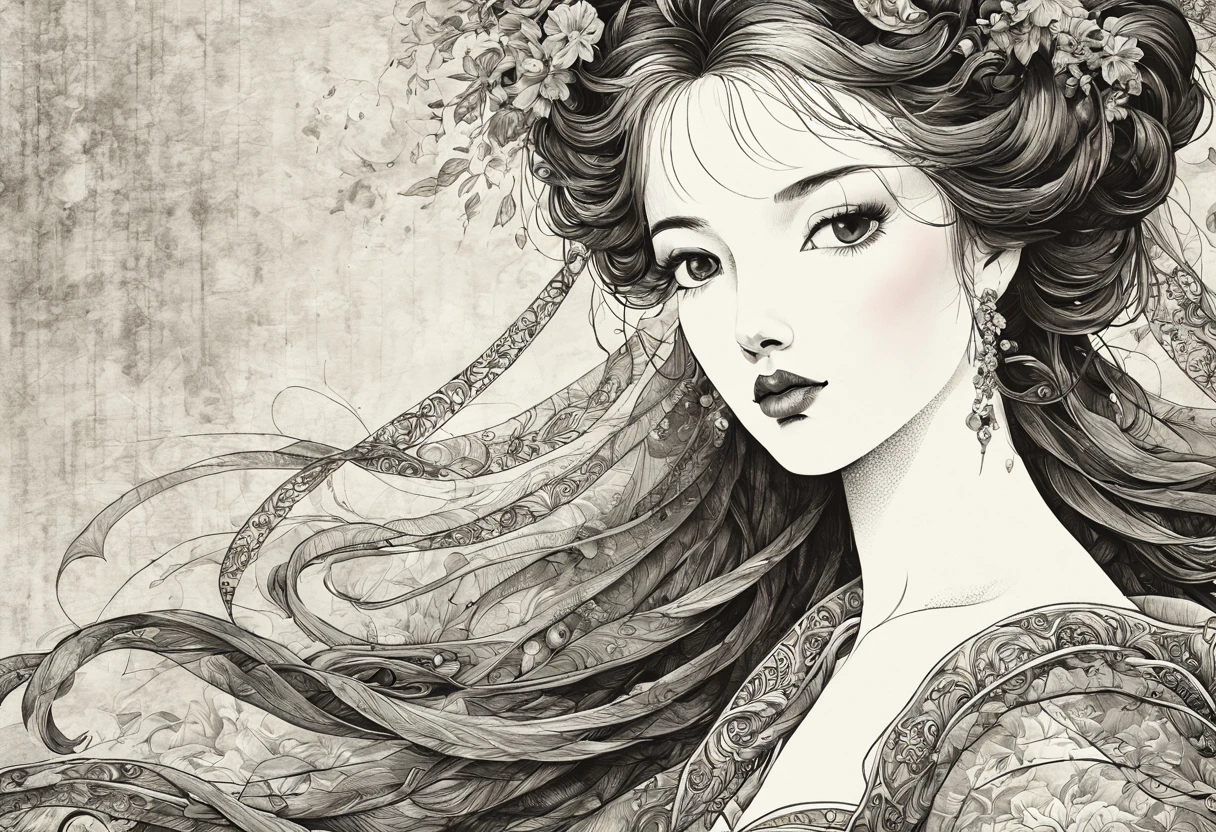 (best quality, 4k, high resolution, masterpiece: 1.2), ultra-detailed, realistic lady black and white figure, (ink style: 1.3), beautiful detailed eyes, beautiful detailed lips, detailed face, detailed flowing hair, figure slender, vibrant clothing, delicate ornate patterns, subtle shadows, soft lighting, classical pose, colorful background, 15th century artistic style, subtle color palette, elegant, exquisite craftsmanship, meticulous details, authentic textures, elegant expression, thoughtful look, atmosphere serene, historic atmosphere, fine attention to detail, intricate lines, artistic mastery, classic beauty, realistic depiction, eternally captivating.