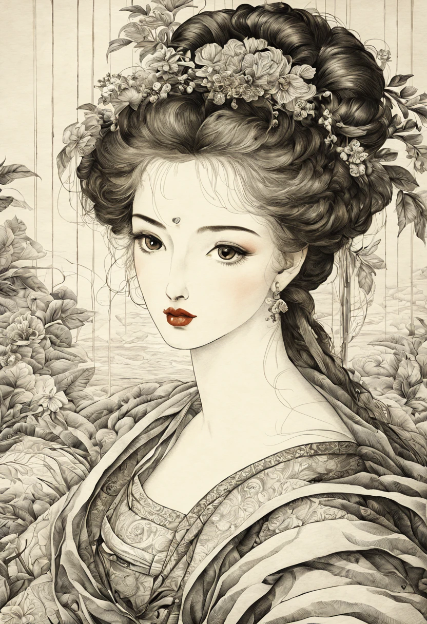 (best quality, 4k, high resolution, masterpiece: 1.2), ultra-detailed, realistic lady black and white figure, (ink style: 1.3), beautiful detailed eyes, beautiful detailed lips, detailed face, detailed flowing hair, figure slender, vibrant clothing, delicate ornate patterns, subtle shadows, soft lighting, classical pose, colorful background, 15th century artistic style, subtle color palette, elegant, exquisite craftsmanship, meticulous details, authentic textures, elegant expression, thoughtful look, atmosphere serene, historic atmosphere, fine attention to detail, intricate lines, artistic mastery, classic beauty, realistic depiction, eternally captivating.