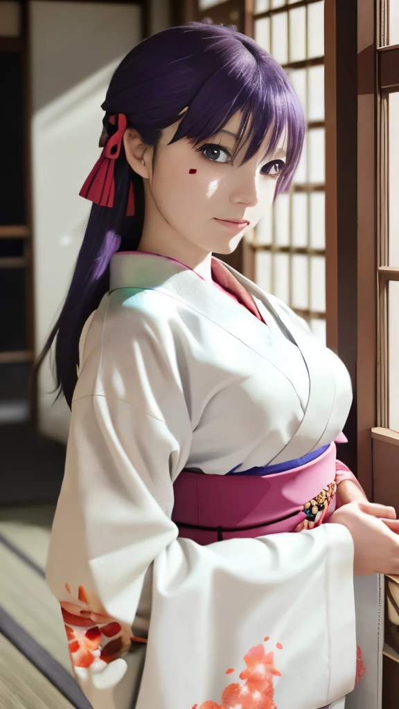 Chica anime vestida con kimono parada frente a una ventana., misato katsuragi, otro iwakura, estilo artístico anime moe, in kimono, close up otro iwakura, in a kimono, anime visual de una linda chica, yuyushiki, estilo anime como el destino/Estancia de noche, al estilo de la animación de Kyoto, shirabii