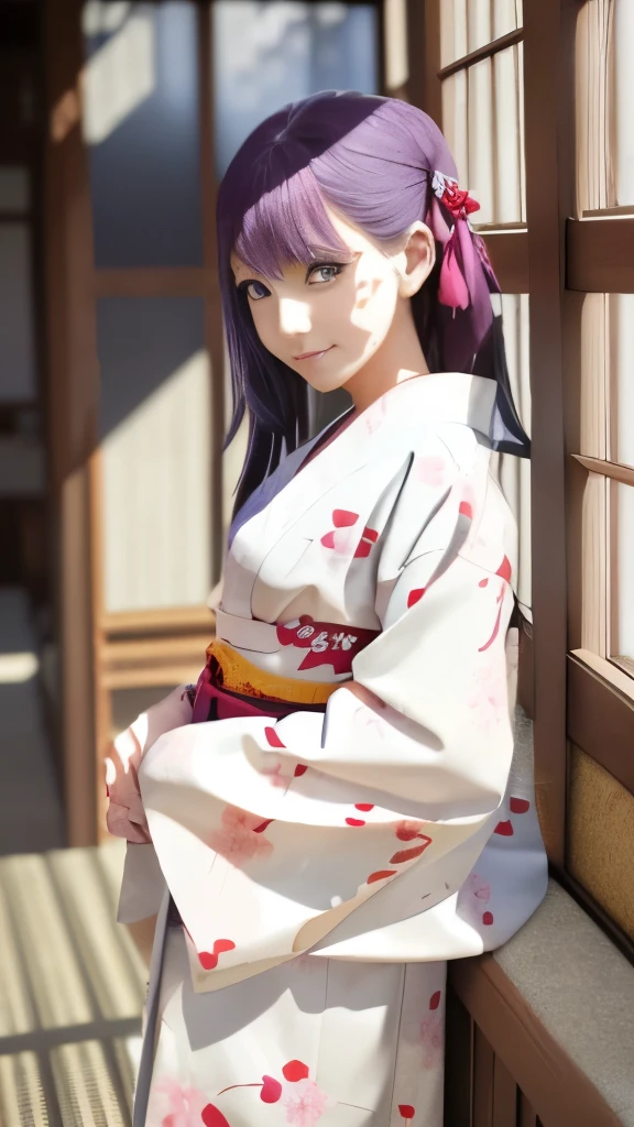 Chica anime vestida con kimono parada frente a una ventana., misato katsuragi, otro iwakura, estilo artístico anime moe, in kimono, close up otro iwakura, in a kimono, anime visual de una linda chica, yuyushiki, estilo anime como el destino/Estancia de noche, al estilo de la animación de Kyoto, shirabii