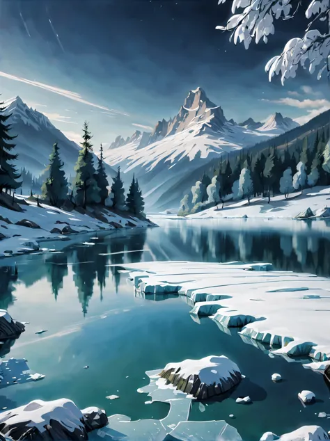 serene lago covered with a thin Geada, The delicate and intricate texture of ice and frost is depicted in the painting, the Real...