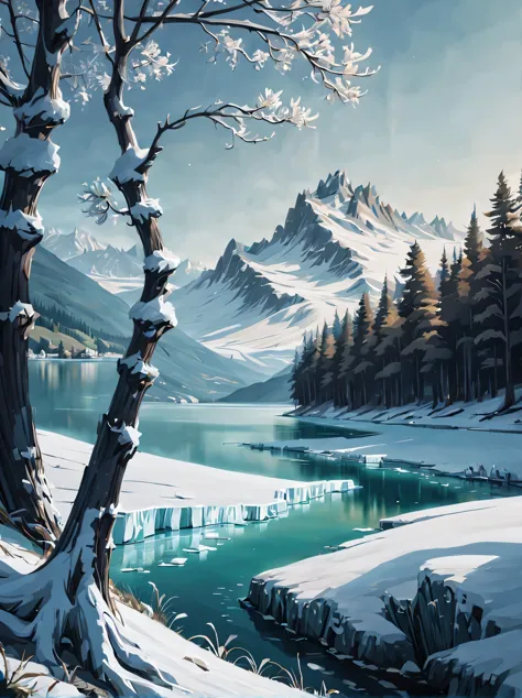 serene lago covered with a thin Geada, The delicate and intricate texture of ice and frost is depicted in the painting, the Real...