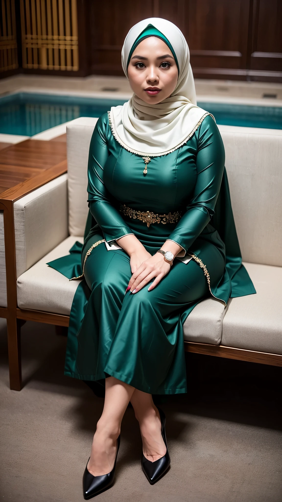 Indonesian woman ,((35 years old)), plump, wearing a dark green hijab, Masterpiece: 1.3, wearing pearl dark green gamis, white stockings , heels, Masterpiece, Soft smile, swimming pool