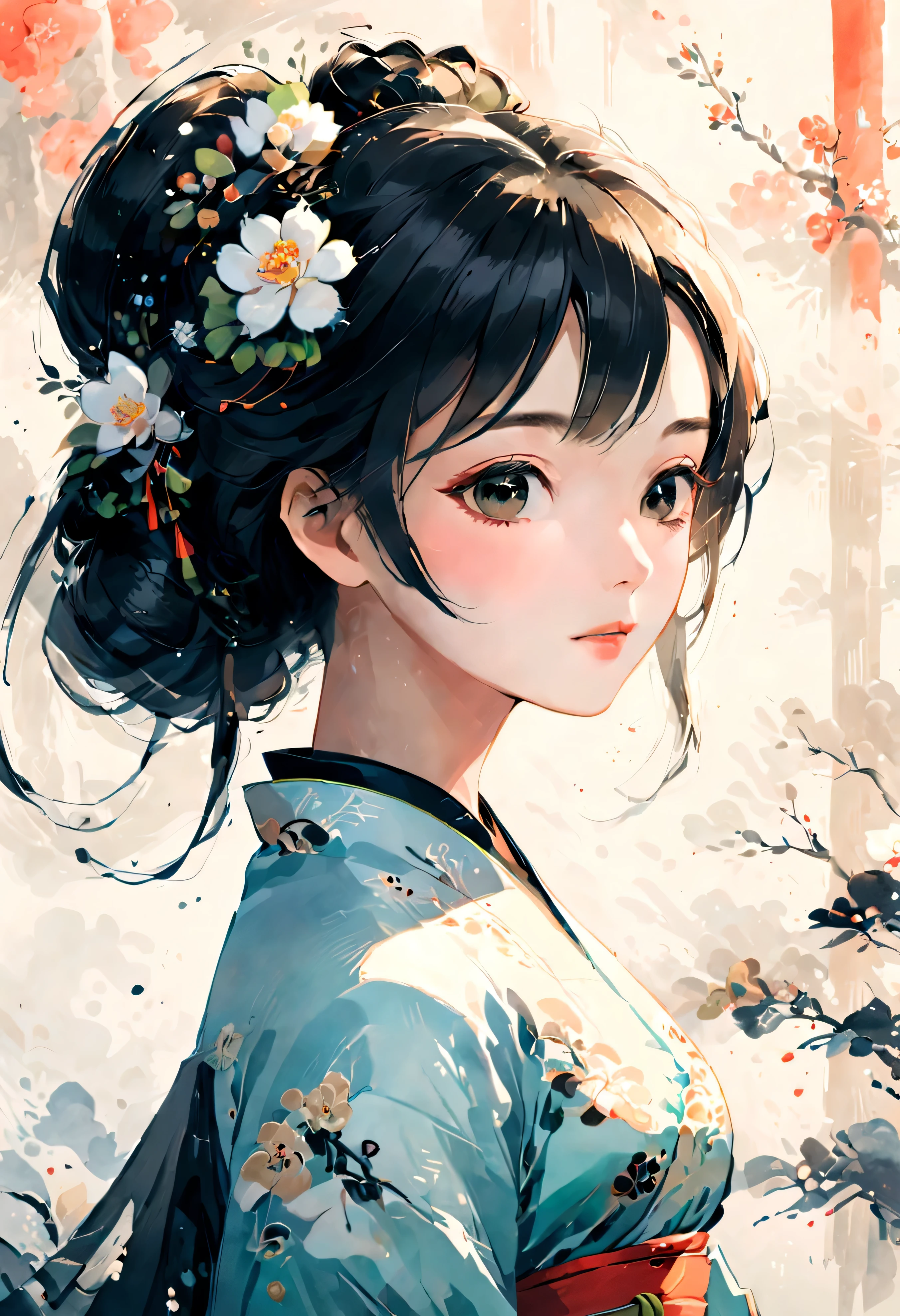 primer plano, de, mujer, con, un, flor, en, ella, pelo, Yang Jie&#39;Animación, Tendencia de la sociedad CG, Ukiyo-e, hermosa figura pintura, hermosa mujer china, estilo de pintura china, belleza tradicional, palacio ， Chica vistiendo Hanfu, peinados femeninos tradicionales, Estilo chino, Niña china, estilo de arte japonés, chino tradicional, mujer china.efecto de salpicadura de tinta、Delinear con tinta negra，lineas suaves，Displays characters&#39; Expresar expresiones y posturas a través del contraste de tinta.，El fondo es sencillo.，enfatizar la luz, sombra y espacio。