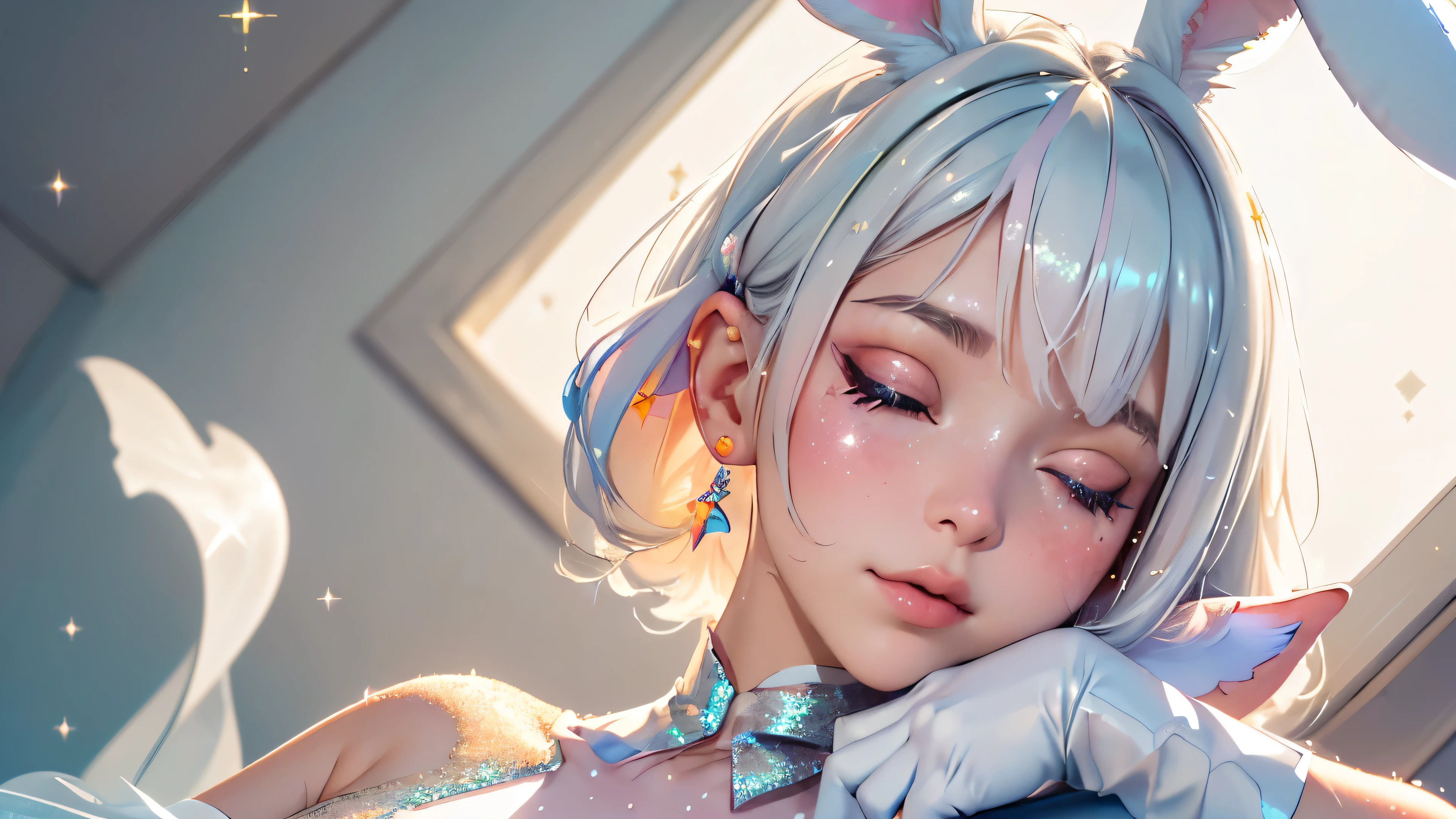 (best quality, 8k, 32k, masterpiece, UHD:1.2), highres, sharp focus, detailed outfit, absurdres, key visual,++++, beautiful detailed hair, delicate details, *****, (((closeup, portrait, RAW, pixiv))
1 girl, (pastel color:1.3), (rabbit girl), (white rabbit ears), (gradient 2-tone hair), (white hair), red hair, (white halter dress), (glitter dress:1.4), white long gloves, trailing lace, bowtie, bow, cute, sweet, pastel forest, lens blur, (upper body:1.2), armpit, closed eyes, relaxing