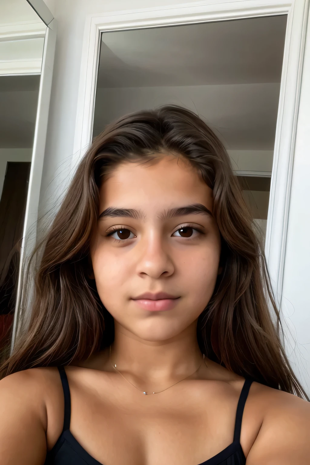 
14 Jahre alt, macht ein Selfie in deinem Spiegel, braune Haare, braune schräge Augen, Junge Dame, jeune, latine, Wolf-Cup, schüchtern, perfekte Silhouette, Mignon, Türkisch,
