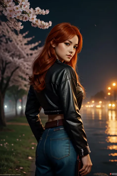 ((solo)) beautiful orange-haired female, looking at viewer, cherry blossom, night, fog, flower, multi tail, full moon,, best qua...