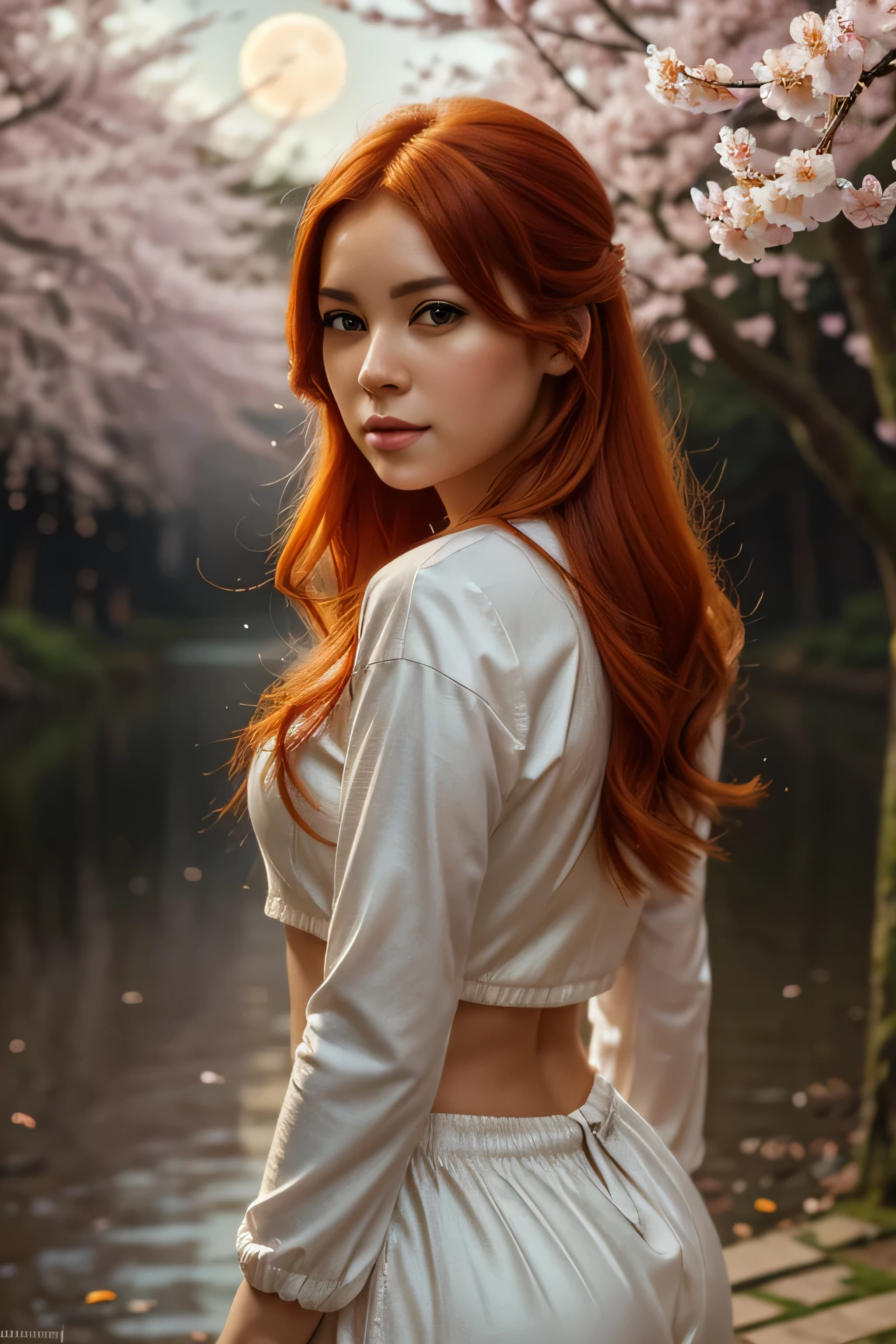 ((solo)) beautiful orange-haired female, looking at viewer, cherry blossom, night, fog, flower, multi tail, full moon,, best quality, shaded, extreme detail, highly detailed, ultradetailed, intricate, realistic, detailed background, hi res, realistic, photography \(artwork\), (by kenket), by ross tran, by michael & inessa garmash, by pino daeni, by isvoc, by kiguri, by alena aenami, by ruan jia, (by zenthetiger, by wolfy-nail), by Enki Bilal, by drmax, photorealism,