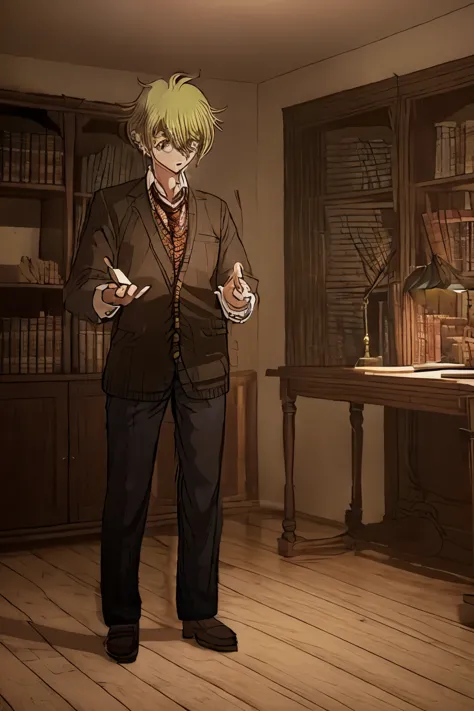 danganronpa, Scholarly visuals, Academic details. In the confines of his study, a 50-year-old Nordic male researcher stands at 175cm with a lean physique. His short, golden hair is complemented by the distinguished presence of eyeglasses, which adds an int...