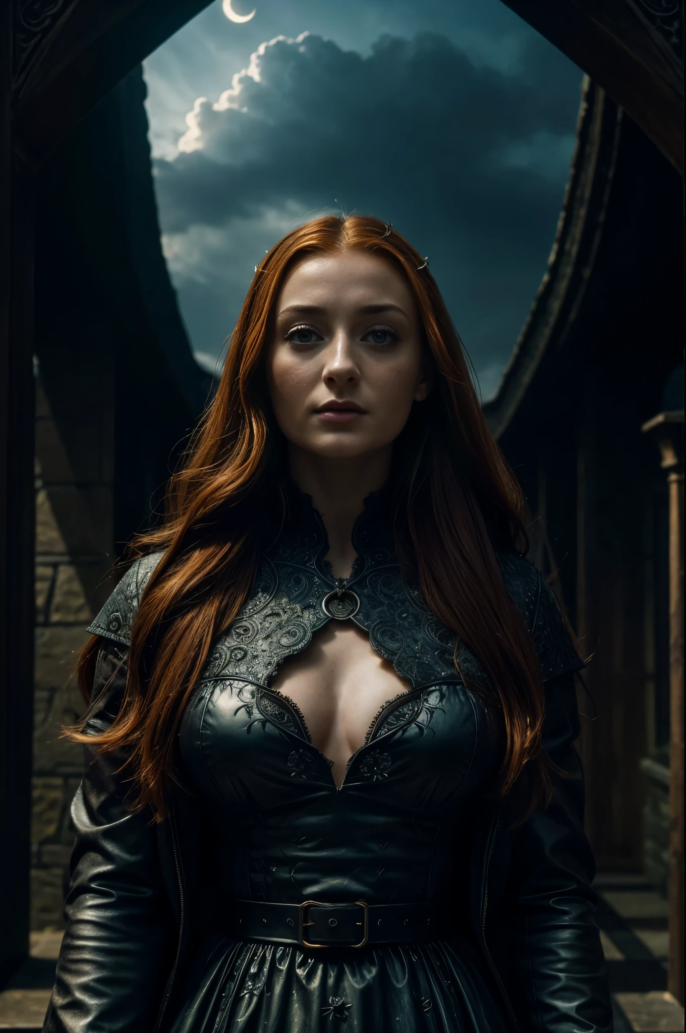 Sansa Stark, Looks like Sophie Turner, Sansa Stark played by Sophie Turner, thick body, photo of beautiful 35 y.o woman, 4k uhd, high quality, dramatic, cinematic, (freckles:0.8), imaginary floral patterns cumulus, a heavy mist of fragrance, noticeable, the bird seed in her hands, growing into birds, giants shelter her body, intricate ornate structures, cumulus cloud survival float around her, radiating, the night sky, deep dark shadows, she hides new seasons, the woman is aware and watching us, we see her energy