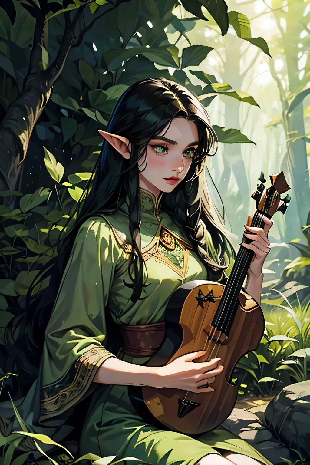 Mujer con fascinantes ojos verdes y largo cabello negro., Sentado solo sobre una roca cubierta de musgo en un bosque sereno, mostrando orejas puntiagudas como de elfo, muchas pecas salpican su cara, ella est barde, sosteniendo un hermoso laúd en sus manos, con una delicada lira al lado&#39;ella. Cazador con armadura
