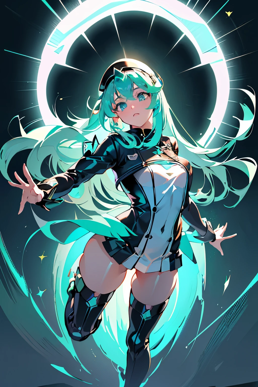 Anime, Girl, (((1girl))), (((Waifu, Xenoblade Chronicles 2, Pneuma Waifu))), (((Seafoam Green Hair, Long Hair))), ((Seafoam Green Eyes eyes:1.3, Upturned Eyes: 1, Perfect Eyes, Beautiful Detailed Eyes, Gradient eyes: 1, Finely Detailed Beautiful Eyes: 1, Symmetrical Eyes: 1, Big Highlight On Eyes: 1.2)), (((Lustrous Skin: 1.5, Bright Skin: 1.5, Skin Fair, Shiny Skin, Very Shiny Skin, Shiny Body, Plastic Glitter Skin, Exaggerated Shiny Skin, Illuminated Skin))), (Detailed Body, (Detailed Face)), Young, Idol Pose, (Best Quality), Techwear, (((Military Uniform))), (((Military Cap))), (((Military Coat))), (((Thigh-high Heeled Boots))), High Resolution, Sharp Focus, Ultra Detailed, Extremely Detailed, Extremely High Quality Artwork, (Realistic, Photorealistic: 1.37), 8k_Wallpaper, (Extremely Detailed CG 8k), (Very Fine 8K CG), ((Hyper Super Ultra Detailed Perfect Piece)), (((Flawlessmasterpiece))), Illustration, Vibrant Colors, (Intricate), High Contrast, Selective Lighting, Double Exposure, HDR (High Dynamic Range), Post-processing, Background Blur