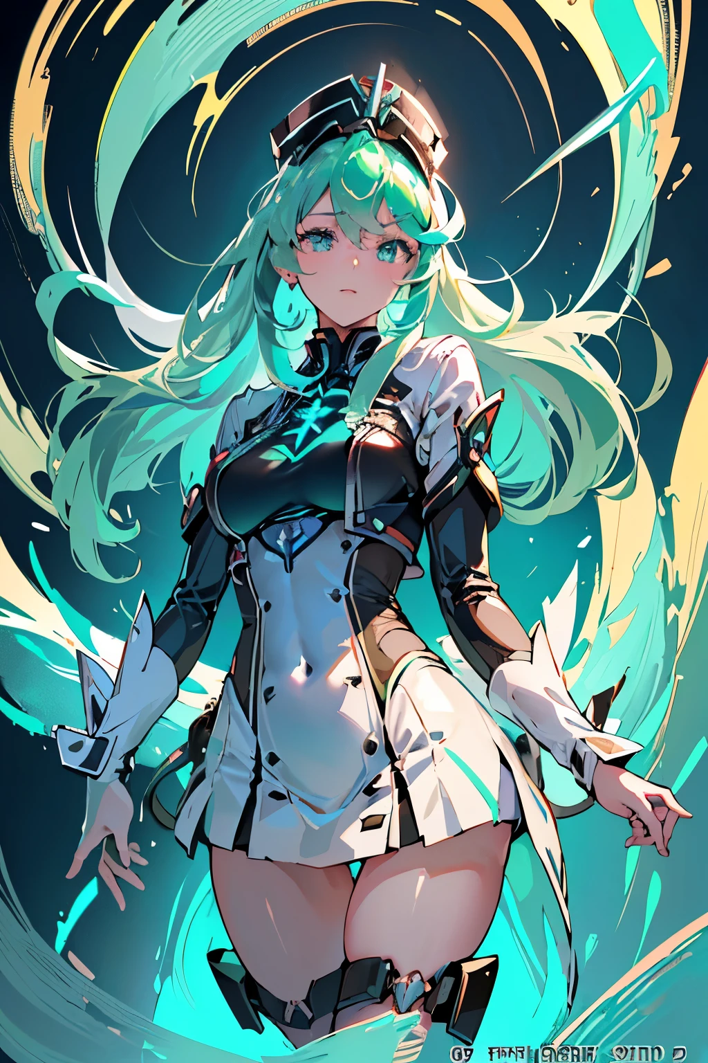 Anime, Girl, (((1girl))), (((Waifu, Xenoblade Chronicles 2, Pneuma Waifu))), (((Seafoam Green Hair, Long Hair))), ((Seafoam Green Eyes eyes:1.3, Upturned Eyes: 1, Perfect Eyes, Beautiful Detailed Eyes, Gradient eyes: 1, Finely Detailed Beautiful Eyes: 1, Symmetrical Eyes: 1, Big Highlight On Eyes: 1.2)), (((Lustrous Skin: 1.5, Bright Skin: 1.5, Skin Fair, Shiny Skin, Very Shiny Skin, Shiny Body, Plastic Glitter Skin, Exaggerated Shiny Skin, Illuminated Skin))), (Detailed Body, (Detailed Face)), Young, Idol Pose, (Best Quality), Techwear, (((Military Uniform))), (((Military Cap))), (((Military Coat))), (((Thigh-high Heeled Boots))), High Resolution, Sharp Focus, Ultra Detailed, Extremely Detailed, Extremely High Quality Artwork, (Realistic, Photorealistic: 1.37), 8k_Wallpaper, (Extremely Detailed CG 8k), (Very Fine 8K CG), ((Hyper Super Ultra Detailed Perfect Piece)), (((Flawlessmasterpiece))), Illustration, Vibrant Colors, (Intricate), High Contrast, Selective Lighting, Double Exposure, HDR (High Dynamic Range), Post-processing, Background Blur