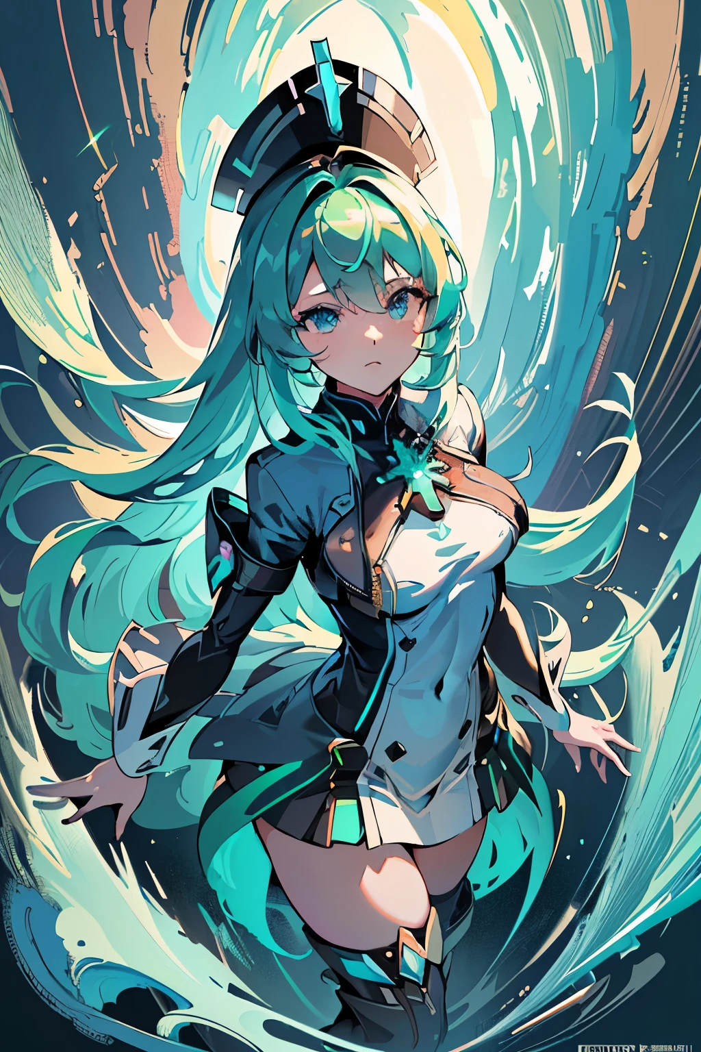 Anime, Girl, (((1girl))), (((Waifu, Xenoblade Chronicles 2, Pneuma Waifu))), (((Seafoam Green Hair, Long Hair))), ((Seafoam Green Eyes eyes:1.3, Upturned Eyes: 1, Perfect Eyes, Beautiful Detailed Eyes, Gradient eyes: 1, Finely Detailed Beautiful Eyes: 1, Symmetrical Eyes: 1, Big Highlight On Eyes: 1.2)), (((Lustrous Skin: 1.5, Bright Skin: 1.5, Skin Fair, Shiny Skin, Very Shiny Skin, Shiny Body, Plastic Glitter Skin, Exaggerated Shiny Skin, Illuminated Skin))), (Detailed Body, (Detailed Face)), Young, Idol Pose, (Best Quality), Techwear, (((Military Uniform))), (((Military Cap))), (((Military Coat))), (((Thigh-high Heeled Boots))), High Resolution, Sharp Focus, Ultra Detailed, Extremely Detailed, Extremely High Quality Artwork, (Realistic, Photorealistic: 1.37), 8k_Wallpaper, (Extremely Detailed CG 8k), (Very Fine 8K CG), ((Hyper Super Ultra Detailed Perfect Piece)), (((Flawlessmasterpiece))), Illustration, Vibrant Colors, (Intricate), High Contrast, Selective Lighting, Double Exposure, HDR (High Dynamic Range), Post-processing, Background Blur