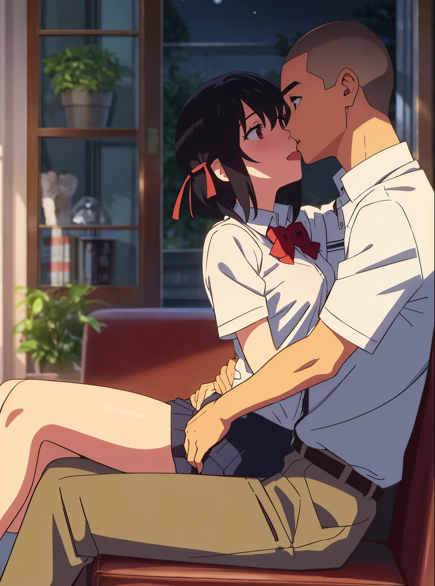 Anime couple sitting on a couch kissing in a living room - SeaArt AI