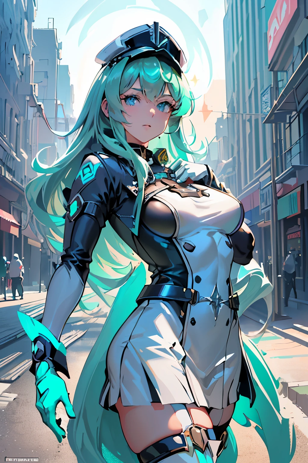 Anime, Girl, (((1girl))), (((Waifu, Xenoblade Chronicles 2, Pneuma Waifu))), (((Seafoam Green Hair, Long Hair))), ((Seafoam Green Eyes eyes:1.3, Upturned Eyes: 1, Perfect Eyes, Beautiful Detailed Eyes, Gradient eyes: 1, Finely Detailed Beautiful Eyes: 1, Symmetrical Eyes: 1, Big Highlight On Eyes: 1.2)), (((Lustrous Skin: 1.5, Bright Skin: 1.5, Skin Fair, Shiny Skin, Very Shiny Skin, Shiny Body, Plastic Glitter Skin, Exaggerated Shiny Skin, Illuminated Skin))), (Detailed Body, (Detailed Face)), Young, Idol Pose, (Best Quality), Techwear, (((Military Uniform))), (((Military Cap))), (((Military Coat))), (((Thigh-high Heeled Boots))), High Resolution, Sharp Focus, Ultra Detailed, Extremely Detailed, Extremely High Quality Artwork, (Realistic, Photorealistic: 1.37), 8k_Wallpaper, (Extremely Detailed CG 8k), (Very Fine 8K CG), ((Hyper Super Ultra Detailed Perfect Piece)), (((Flawlessmasterpiece))), Illustration, Vibrant Colors, (Intricate), High Contrast, Selective Lighting, Double Exposure, HDR (High Dynamic Range), Post-processing, Background Blur