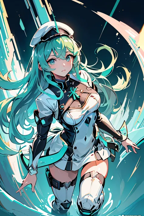 Anime, Girl, (((1girl))), (((Waifu, Xenoblade Chronicles 2, Pneuma Waifu))), (((Seafoam Green Hair, Long Hair))), ((Seafoam Gree...