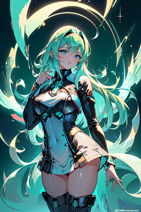 Anime, Girl, (((1girl))), (((Waifu, Xenoblade Chronicles 2, Pneuma Waifu))), (((Seafoam Green Hair, Long Hair))), ((Seafoam Gree...