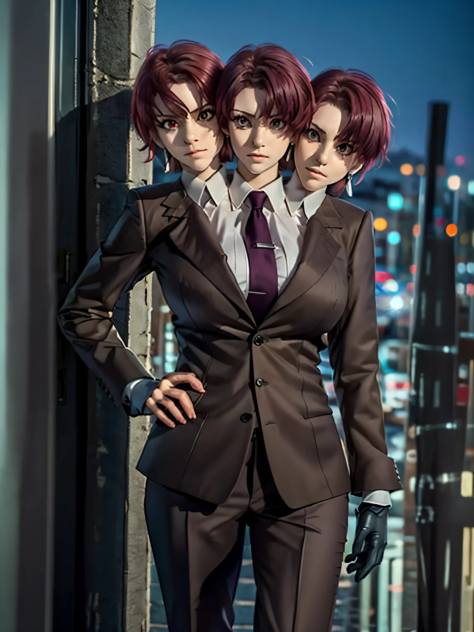 (2heads:1.4), (masterpiece, best quality:1.2), bazett, fgo, 1girl, (solo), short hair, red hair, bangs, red eyes,  large breasts, black gloves, formal suit, necktie, jacket, full body, earrings, city background, nighttime, beautiful background