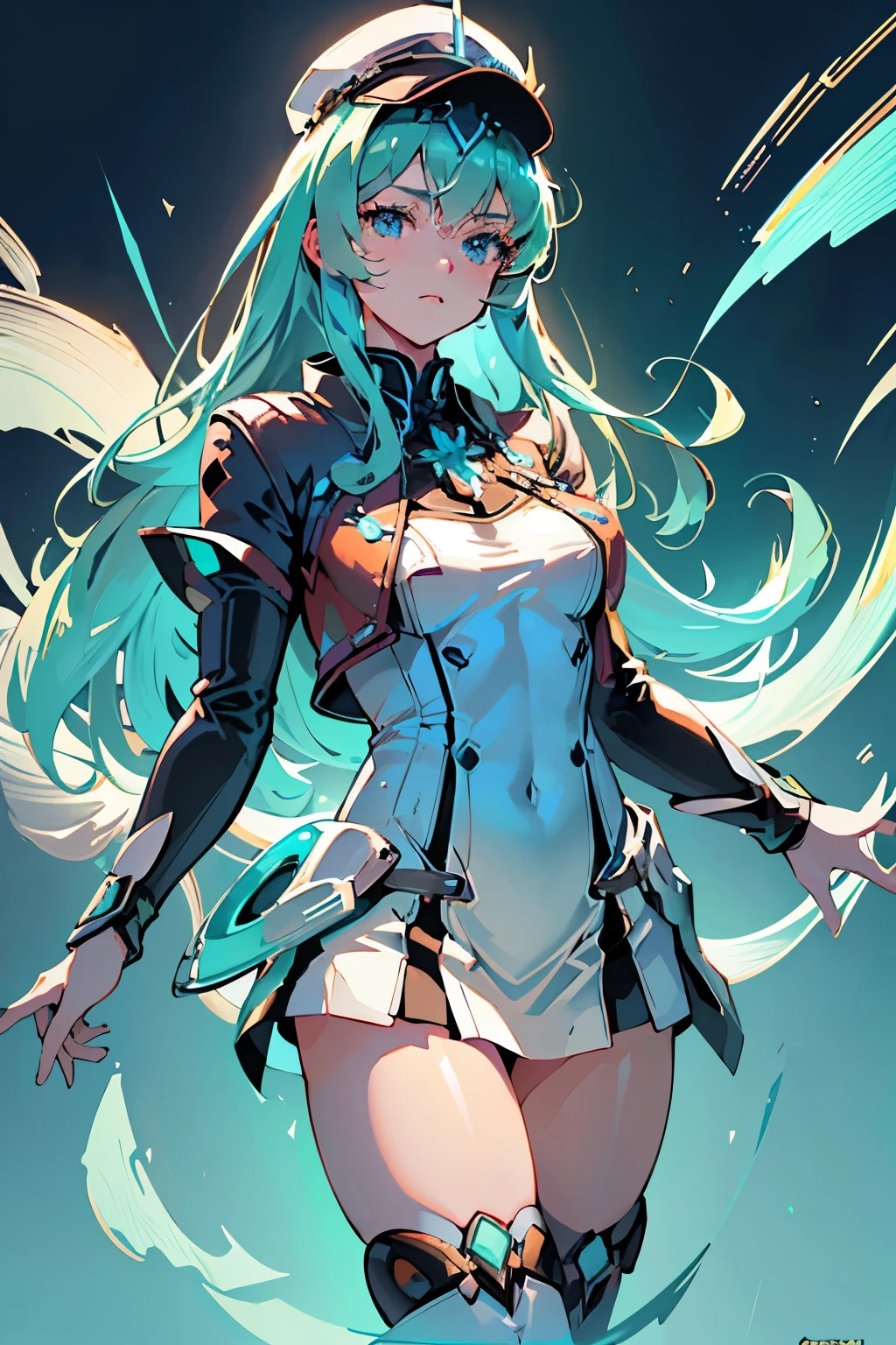 Anime, Girl, (((1girl))), (((Waifu, Xenoblade Chronicles 2, Pneuma Waifu))), (((Seafoam Green Hair, Long Hair))), ((Seafoam Green Eyes eyes:1.3, Upturned Eyes: 1, Perfect Eyes, Beautiful Detailed Eyes, Gradient eyes: 1, Finely Detailed Beautiful Eyes: 1, Symmetrical Eyes: 1, Big Highlight On Eyes: 1.2)), (((Lustrous Skin: 1.5, Bright Skin: 1.5, Skin Fair, Shiny Skin, Very Shiny Skin, Shiny Body, Plastic Glitter Skin, Exaggerated Shiny Skin, Illuminated Skin))), (Detailed Body, (Detailed Face)), Young, Idol Pose, (Best Quality), Techwear, (((Military Uniform))), (((Military Cap))), (((Military Coat))), (((Thigh-high Heeled Boots))), High Resolution, Sharp Focus, Ultra Detailed, Extremely Detailed, Extremely High Quality Artwork, (Realistic, Photorealistic: 1.37), 8k_Wallpaper, (Extremely Detailed CG 8k), (Very Fine 8K CG), ((Hyper Super Ultra Detailed Perfect Piece)), (((Flawlessmasterpiece))), Illustration, Vibrant Colors, (Intricate), High Contrast, Selective Lighting, Double Exposure, HDR (High Dynamic Range), Post-processing, Background Blur