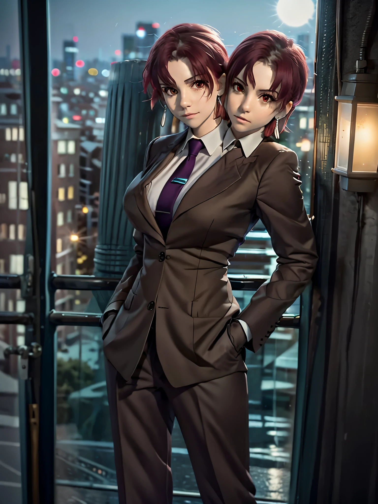 (2heads:1.1), (masterpiece, best quality:1.2), bazett, fgo, 1girl, (solo), short hair, red hair, bangs, red eyes,  large breasts, black gloves, formal suit, necktie, jacket, full body, earrings, city background, nighttime, beautiful background, 8k, 4k, realistic, beautiful, photograph