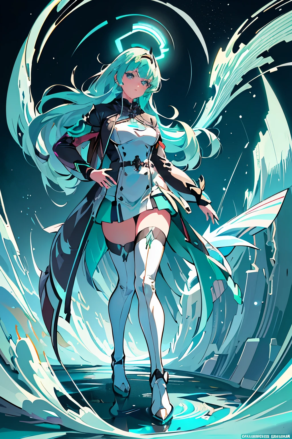 Anime, garota, (((1 garota))), (((waifu, Crônicas de Xenoblade 2, Pneuma waifu))), (((Cabelo verde espuma do mar, cabelo longo))), ((Olhos verdes de espuma do mar:1.3, olhos arrebitados: 1, olhos perfeitos, lindos olhos detalhados, olhos gradientes: 1, lindos olhos finamente detalhados: 1, olhos simétricos: 1, grande destaque nos olhos: 1.2)), (((pele brilhante: 1.5, pele brilhante: 1.5, Pele Justa, pele brilhante, Very pele brilhante, corpo brilhante, pele de brilho de plástico, Exaggerated pele brilhante, pele iluminada))), (corpo detalhado, (rosto detalhado)), Jovem, Postura de ídolo, (melhor qualidade), roupas tecnológicas, (((uniforme militar))), (((Boné Militar))), (((Casaco militar))), (((Botas de salto alto))), alta resolução, foco nitído, ultra detalhado, extremamente detalhado, obras de arte de altíssima qualidade, (realista, fotorrealista: 1.37), 8K_papel de parede, (extremamente detalhado CG 8K), (muito bom 8K CG), ((Hyper Super ultra detalhado Perfect Piece)), (((Obra-prima impecável))), ilustração, cores vibrantes, (intricado), Alto contraste, Iluminação seletiva, Dupla exposição, hdr (dinâmica de alto alcance), Pós-processamento, Desfoque de fundo